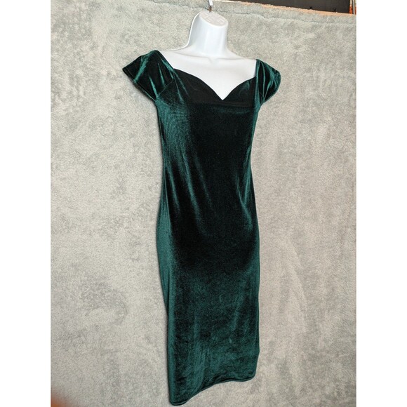 Green velvet dress Size 10 bardot sweetheart off shoulder dark romance pinup - Picture 2 of 12